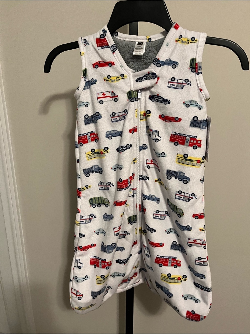 White Kids Sleep Sack with Colorful Vehicle Print by